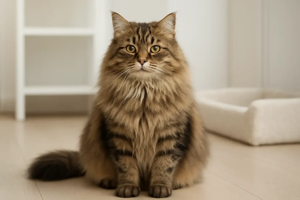 Chat sibérien adulte dans un intérieur lumineux, illustrant le prix et l’achat d’un chaton Sibérien en France