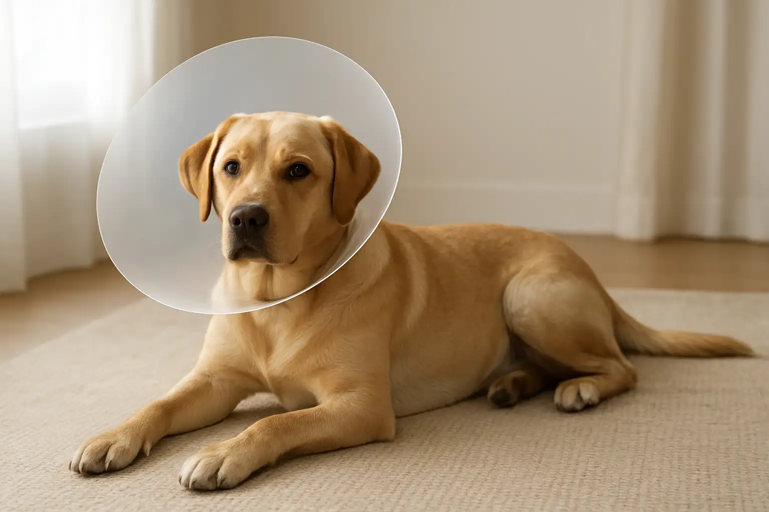 Chien de taille moyenne couché sur un tapis neutre avec une collerette vétérinaire souple translucide