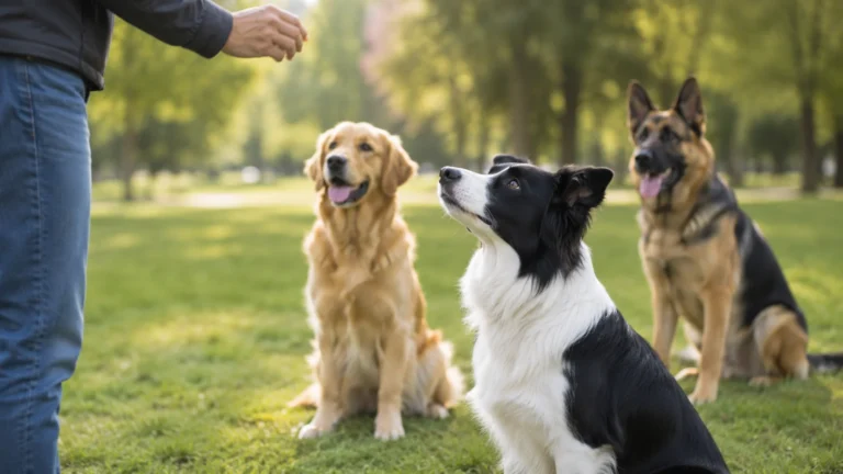 Border Collie, Golden Retriever et Berger allemand pendant une séance d’éducation canine