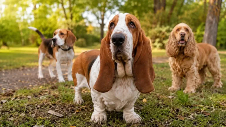 Basset Hound, Beagle et Cocker Spaniel réunis dans un parc