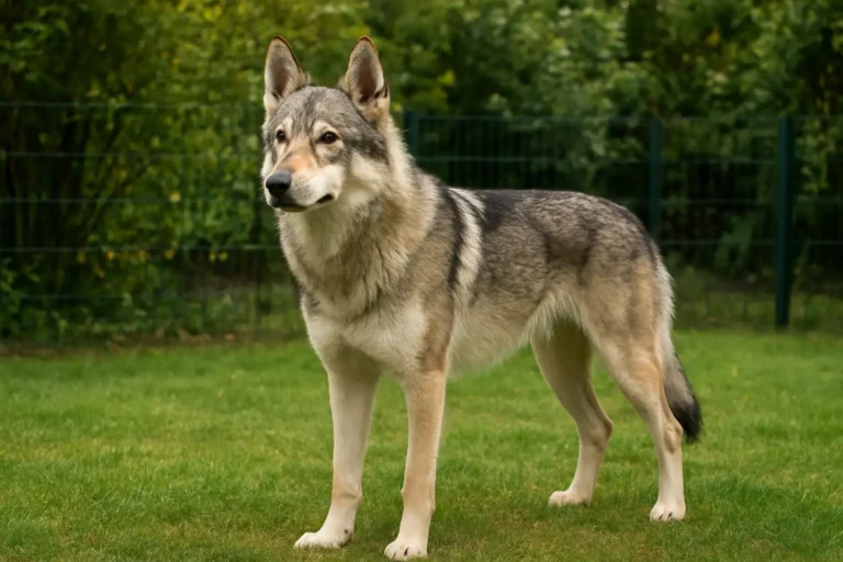 Chien loup américain dans un jardin sécurisé