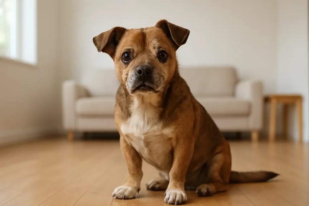 Chien au physique atypique assis dans un environnement lumineux et chaleureux