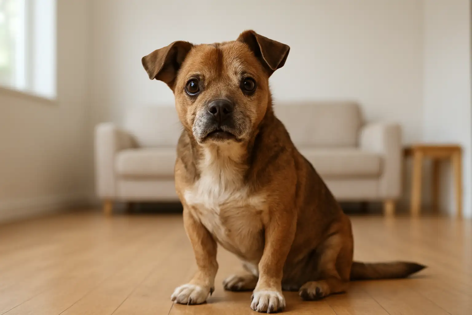 Chien au physique atypique assis dans un environnement lumineux et chaleureux