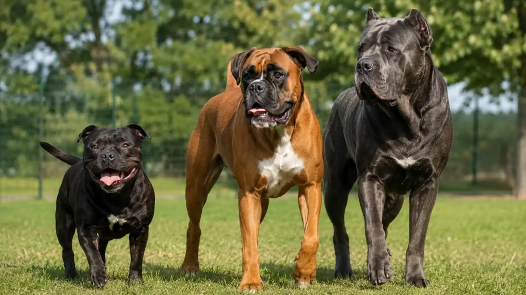 Trois races de chiens musclés marchant ensemble dans un parc