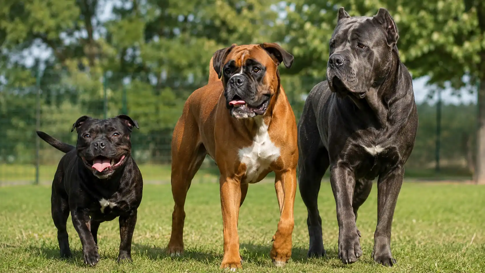 Trois races de chiens musclés marchant ensemble dans un parc