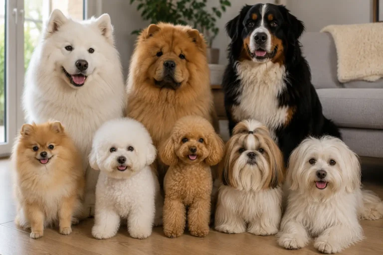 Plusieurs races de chiens nounours réunies dans un salon