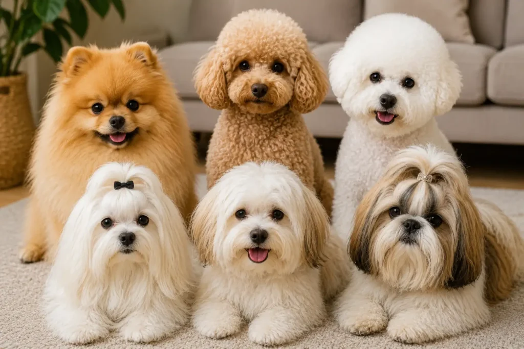 Plusieurs petits chiens nounours réunis dans un salon