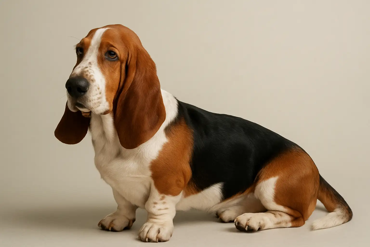 Basset Hound assis de profil sur fond clair, avec de longues oreilles tombantes et un corps allongé
