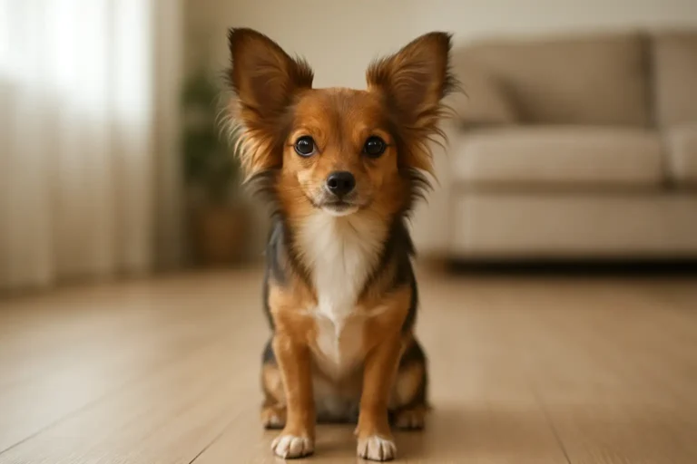 Petit chien chiwawa papillon de face dans un intérieur lumineux