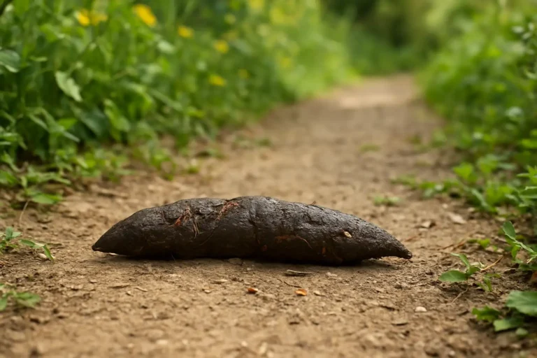 Crotte de renard allongée et effilée au sol dans un jardin