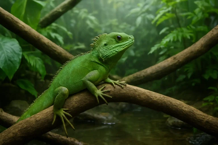 Dragon d'eau vert dans un grand terrarium tropical avec branches et bassin d'eau