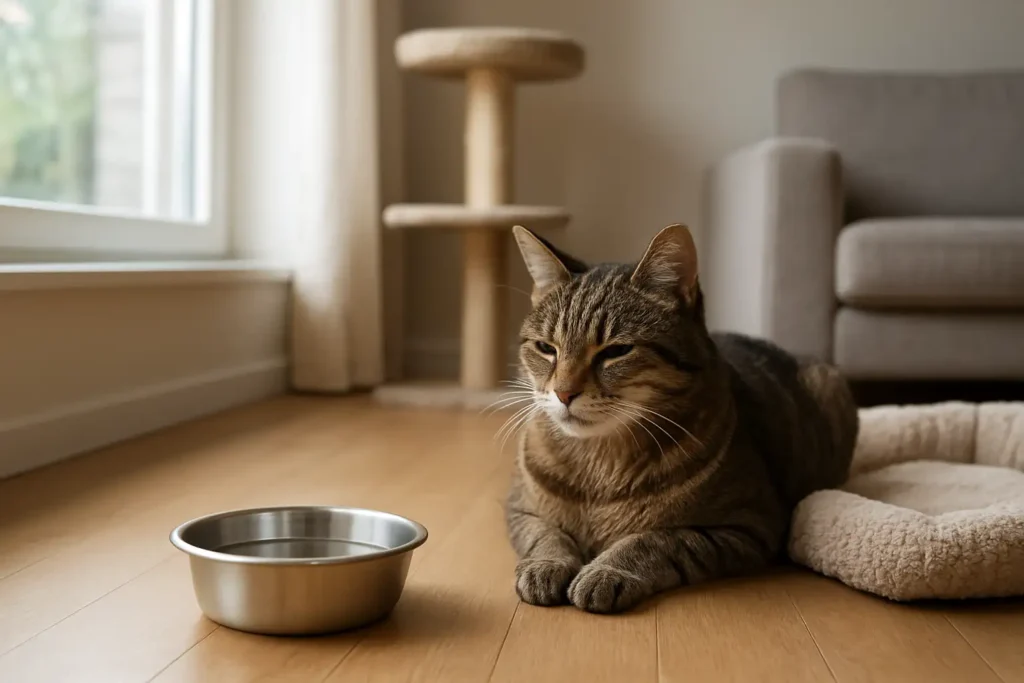 Chat domestique au repos dans un intérieur lumineux, avec des éléments de soin adaptés à son âge