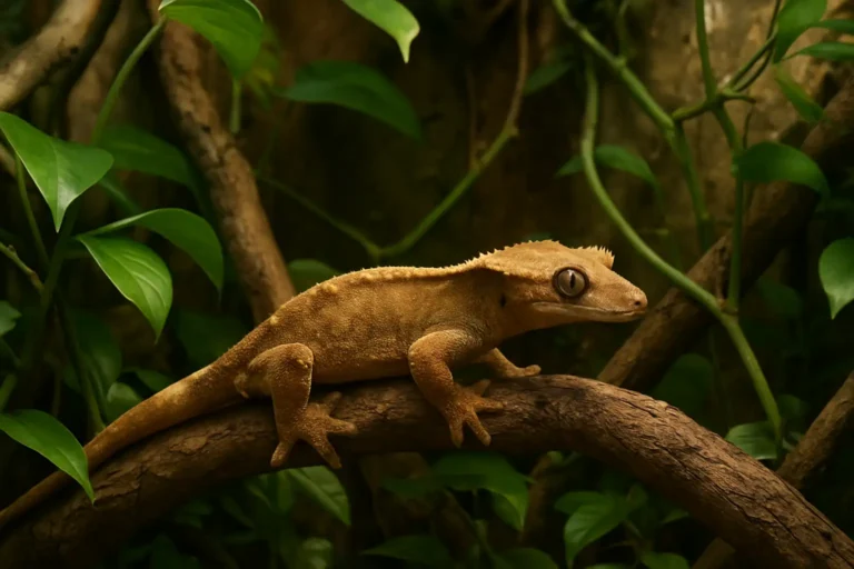 Gecko à crête dans un terrarium vertical planté