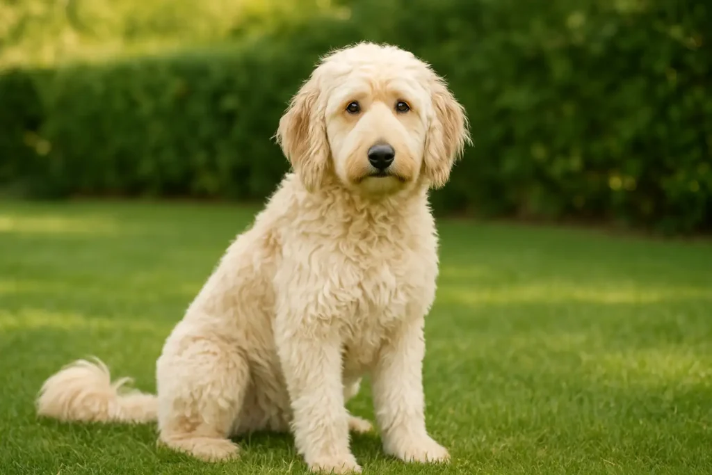 Goldendoodle adulte assis dans un jardin, pelage crème ondulé, regard attentif