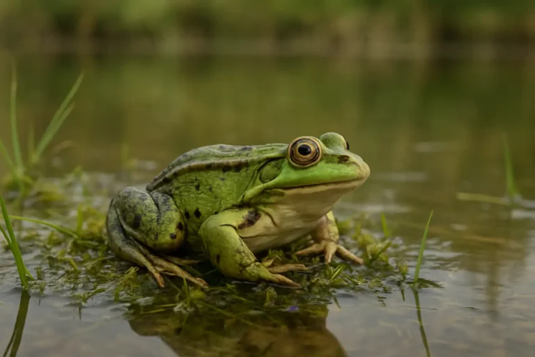 Grenouille verte du genre Pelophylax au bord d’une mare végétalisée