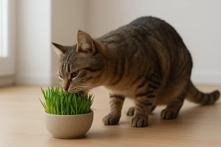 Chat domestique en train de mâcher une potée d’herbe à chat fraîche en intérieur