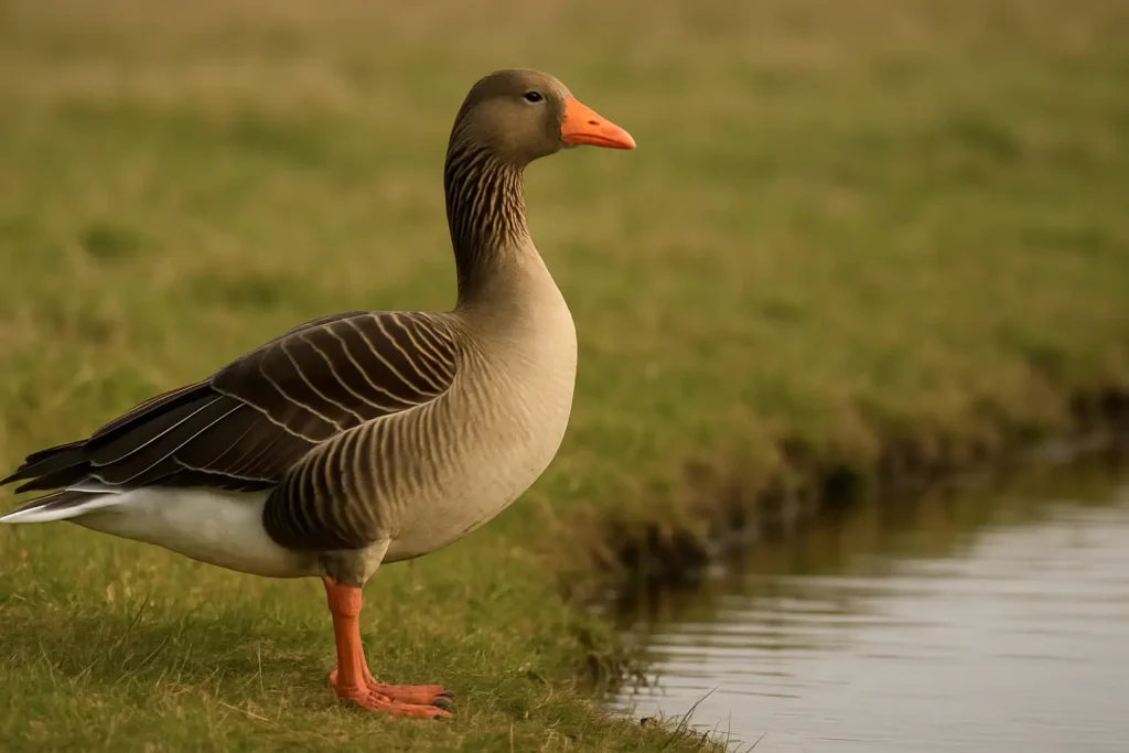 Jars, mâle d’oie, debout près d’un point d’eau dans un pâturage