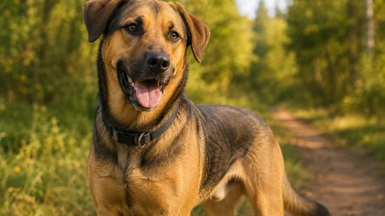 Labrador croisé Malinois debout sur un sentier en forêt