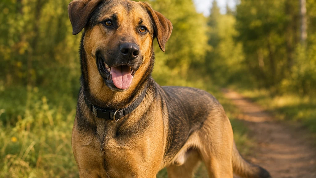 Labrador croisé Malinois debout sur un sentier en forêt