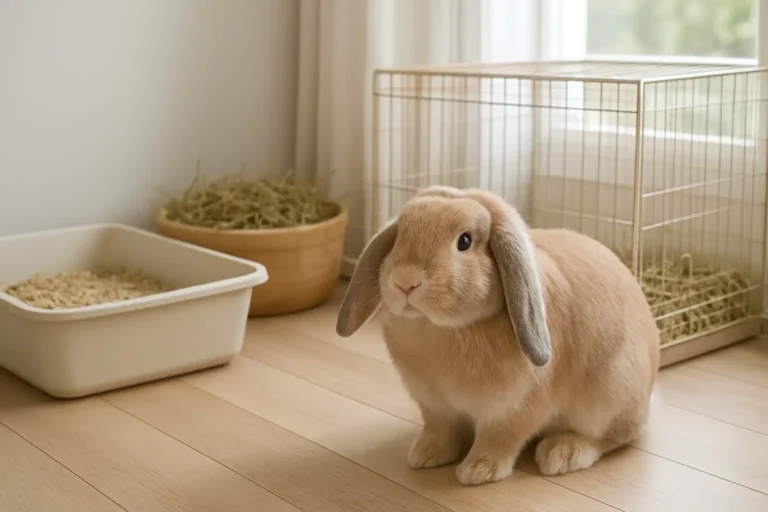 Lapin bélier domestique aux oreilles tombantes dans un intérieur sécurisé