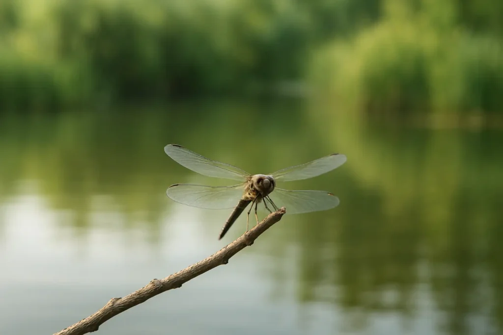 Libellule posée sur une branche au bord d’un étang calme