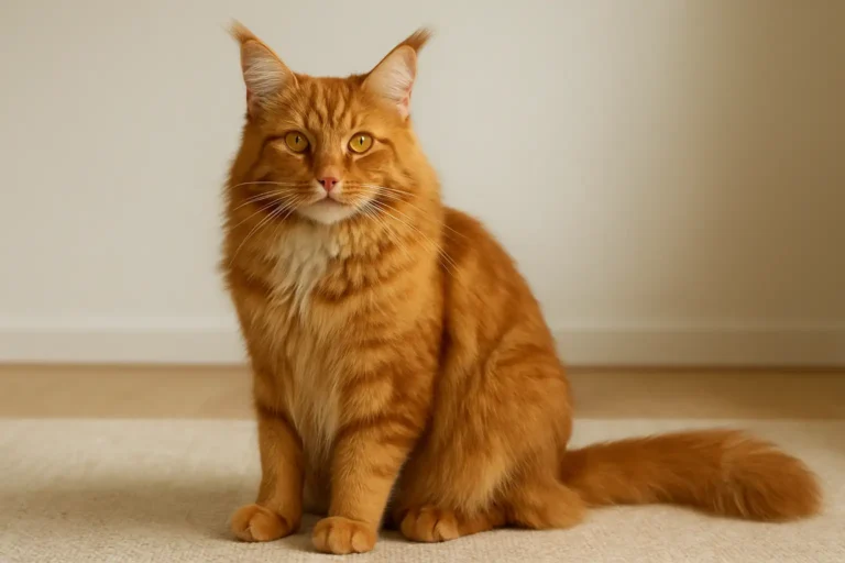 Maine Coon roux adulte assis en intérieur lumineux, avec poitrail clair et queue fournie