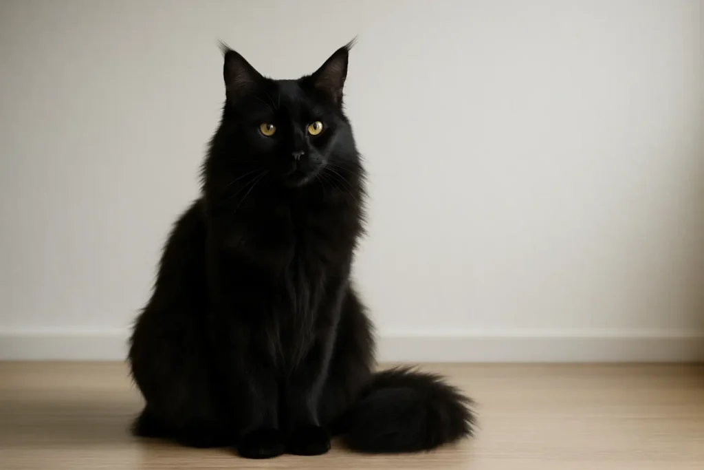 Maine Coon noir adulte assis de trois quarts face, avec collerette fournie et queue touffue.