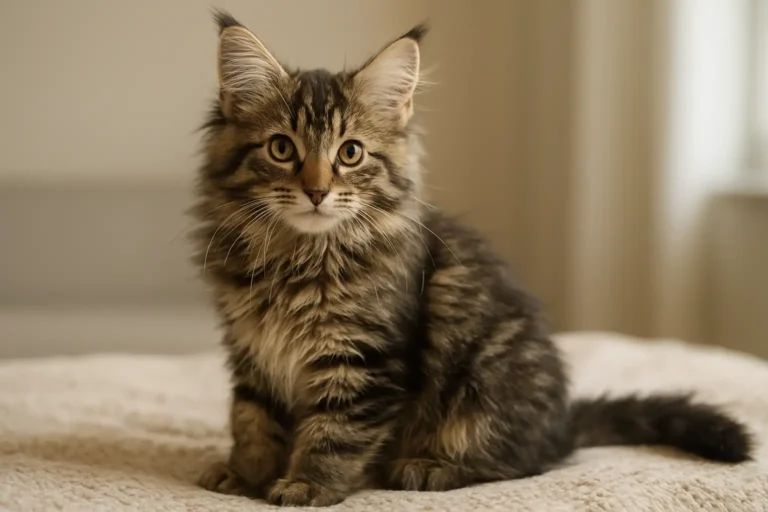 Chaton Maine Coon assis sur un plaid neutre dans un intérieur lumineux