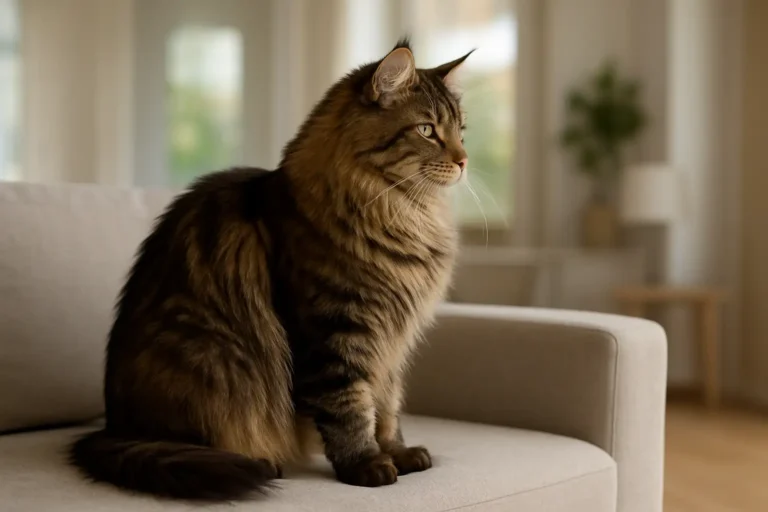 Maine Coon adulte de grand gabarit assis sur un canapé dans un salon lumineux