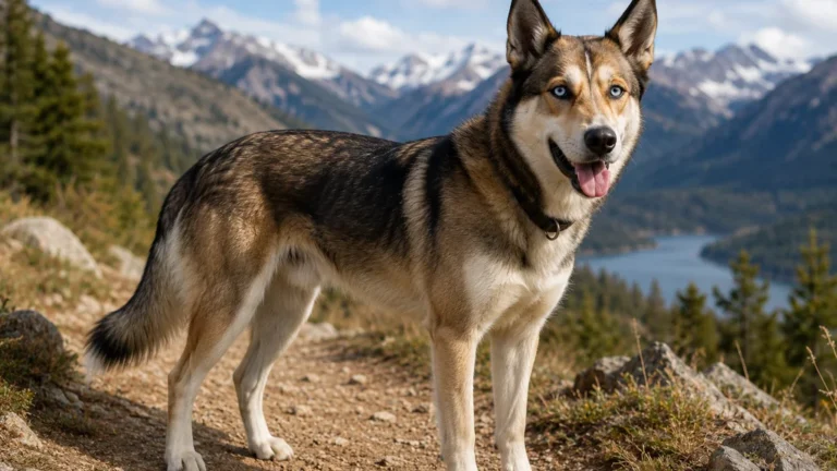 Malinois croisé Husky debout sur un sentier de montagne
