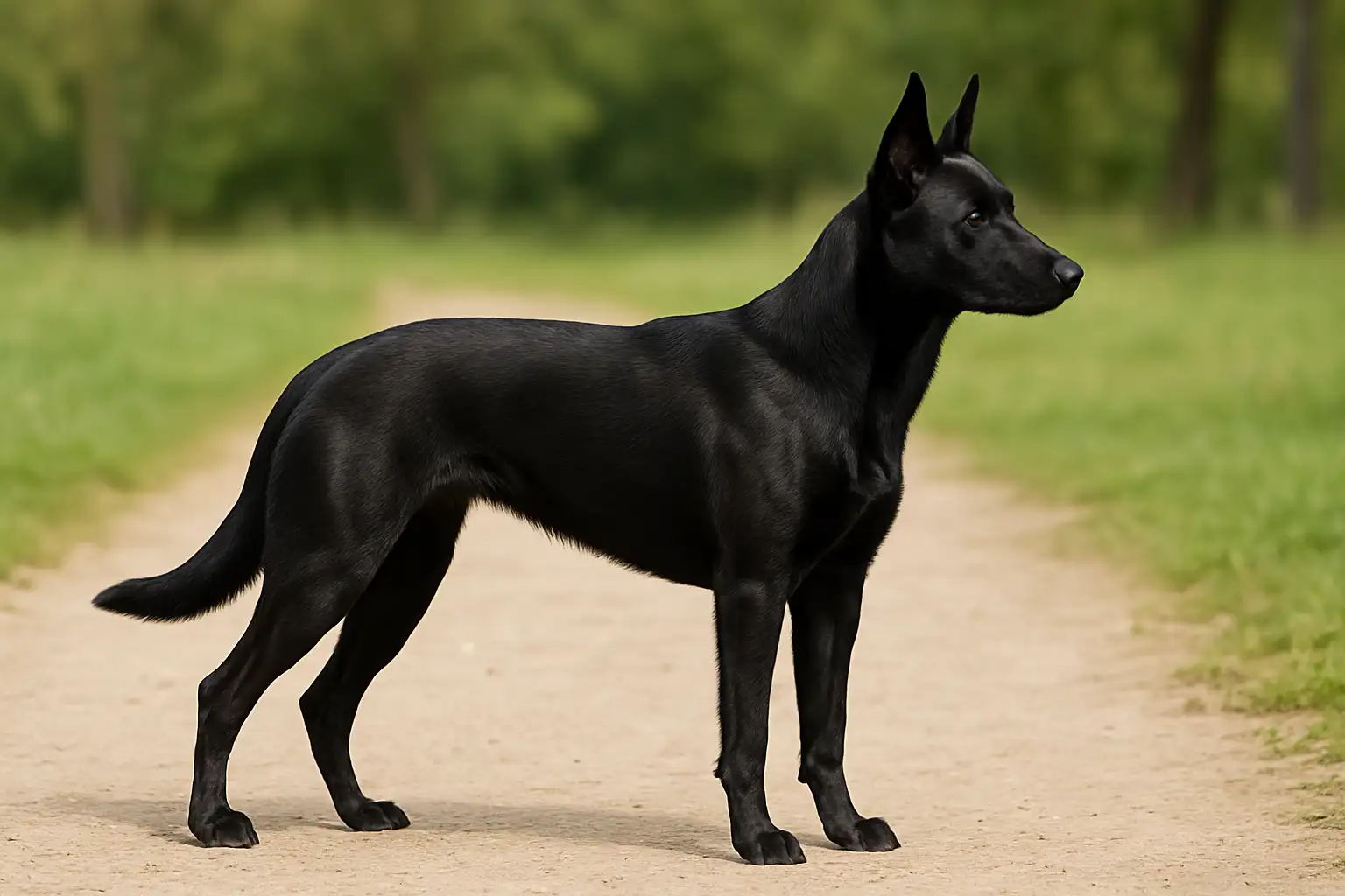 Malinois noir debout de profil dans un cadre extérieur neutre