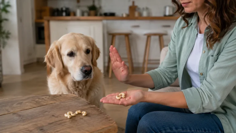 Chien observant des noix de cajou tenues par sa propriétaire