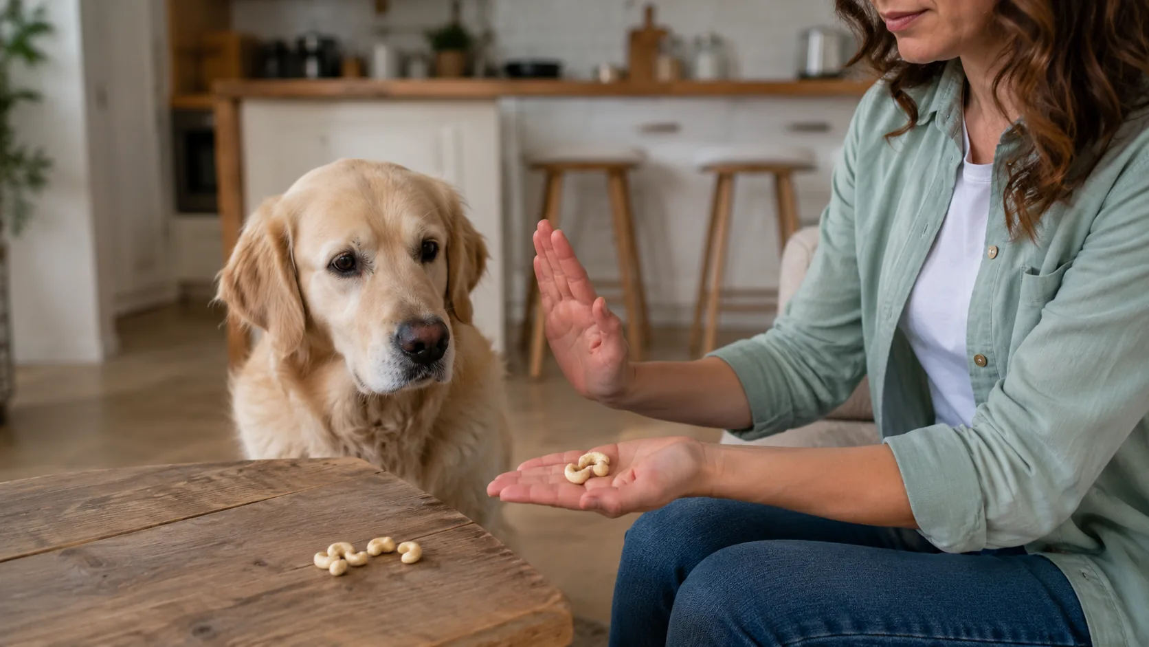 Chien observant des noix de cajou tenues par sa propriétaire