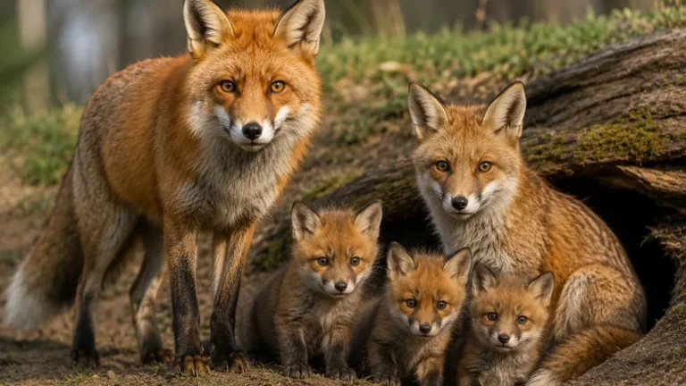 Renard mâle, renarde et renardeaux devant leur terrier en forêt