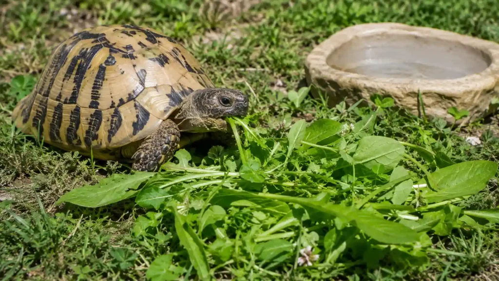Tortue terrestre mangeant des feuilles fraîches dans un jardin