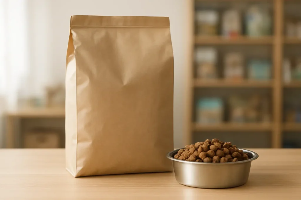 Sac de croquettes pour chien et chat avec gamelle sur une table en bois