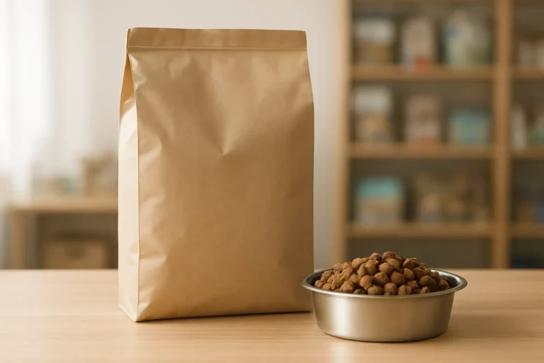 Sac de croquettes pour chien et chat avec gamelle sur une table en bois