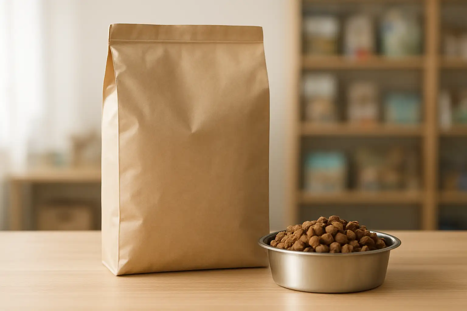 Sac de croquettes pour chien et chat avec gamelle sur une table en bois