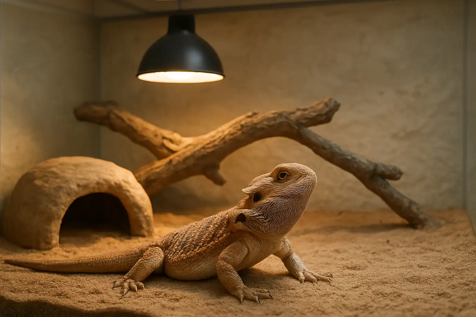 Pogona dragon barbu dans un terrarium bien aménagé avec point chaud et lampe UVB