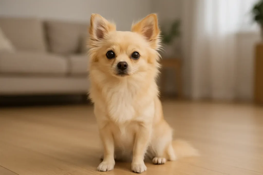 Petit chien Pomchi assis sur un parquet clair dans un salon lumineux