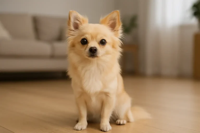 Petit chien Pomchi assis sur un parquet clair dans un salon lumineux