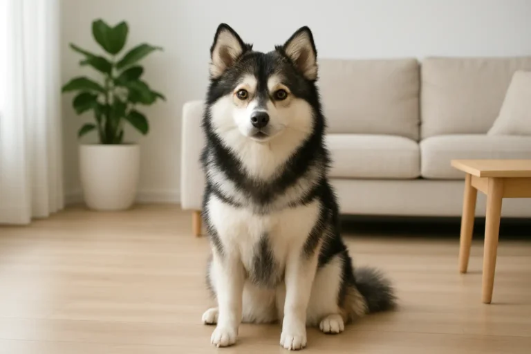 Pomsky adulte au pelage fourni assis dans un intérieur lumineux