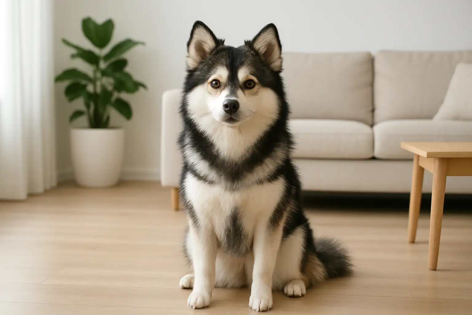 Pomsky adulte au pelage fourni assis dans un intérieur lumineux