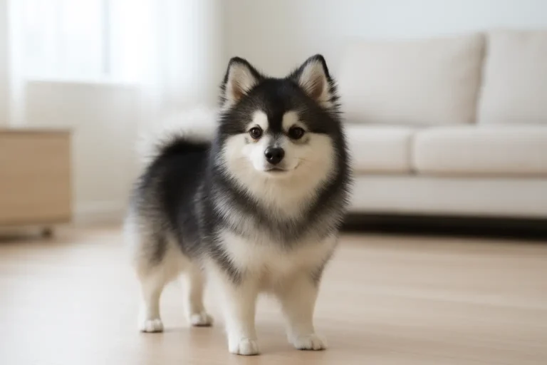 Un pomsky nain au pelage dense dans un intérieur lumineux