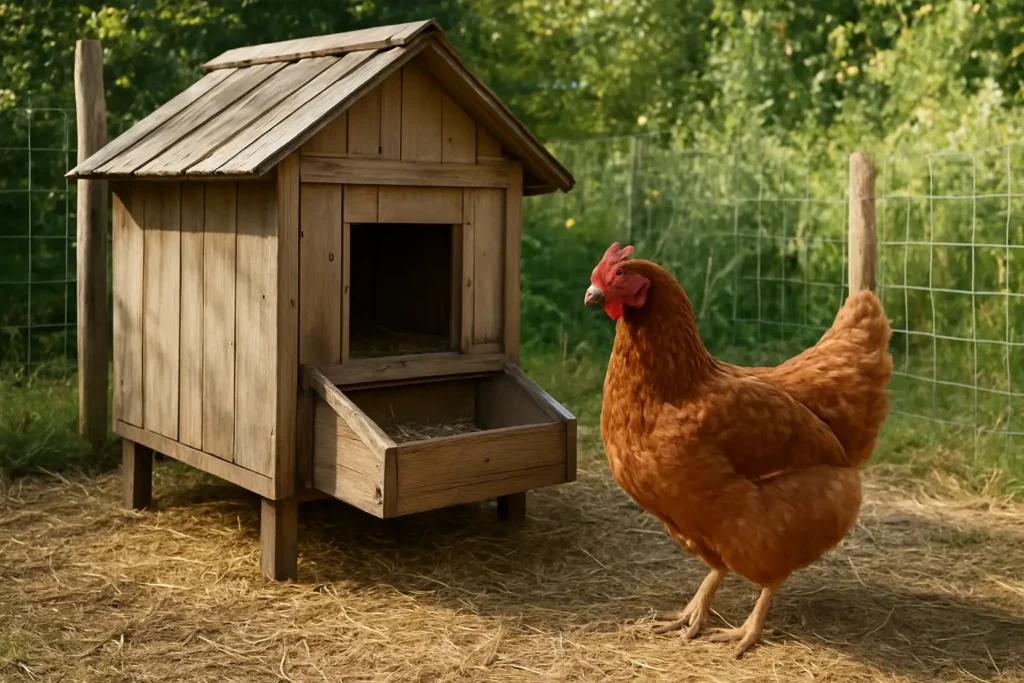 Poule pondeuse dans un petit poulailler de jardin avec pondoir