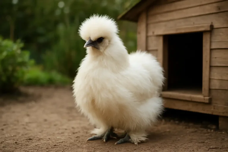 Poule de soie adulte en extérieur avec son plumage duveteux