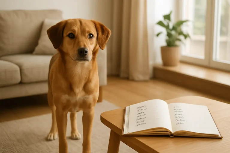 Un chien de compagnie à côté d’un carnet de prénoms commençant par A
