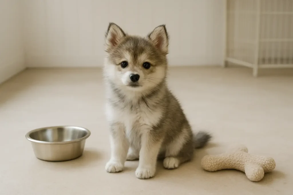 Chiot Pomsky dans un élevage propre et lumineux