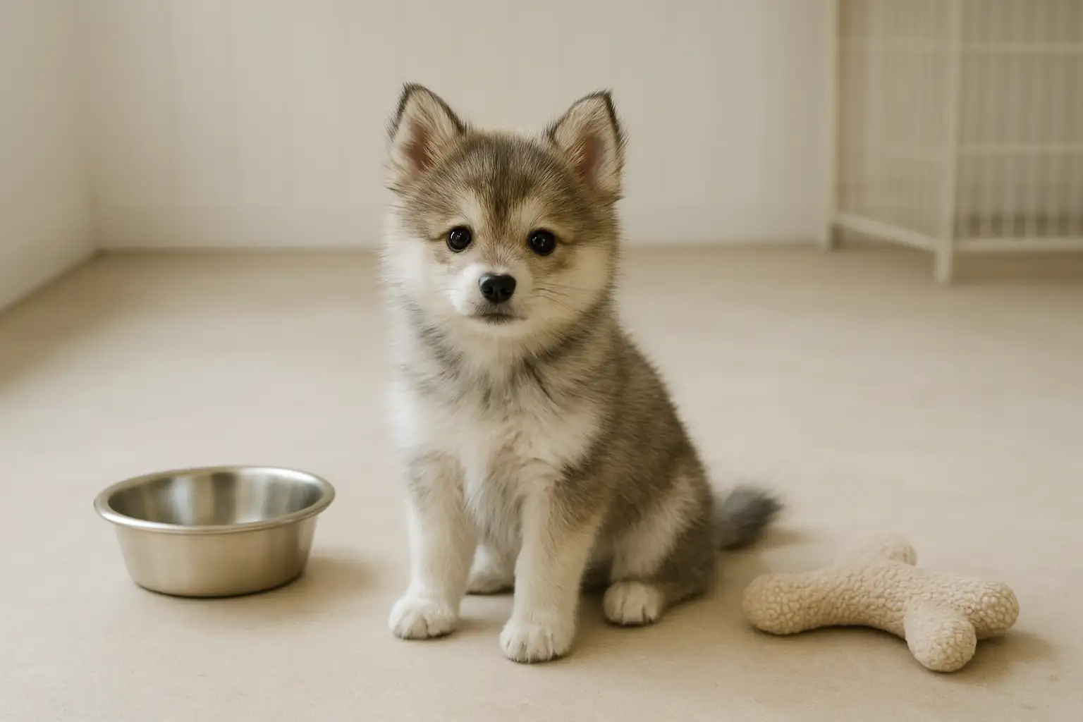 Chiot Pomsky dans un élevage propre et lumineux