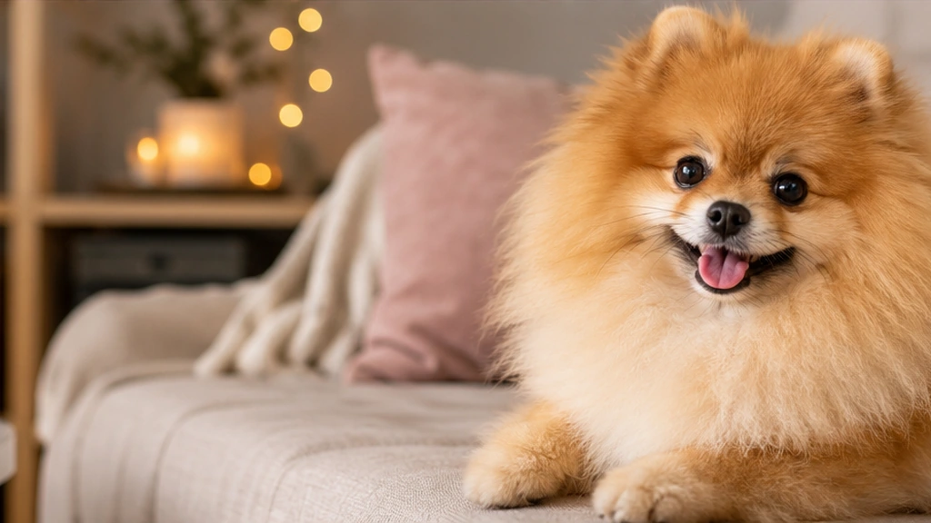 Spitz nain au pelage roux installé sur un canapé dans un intérieur chaleureux